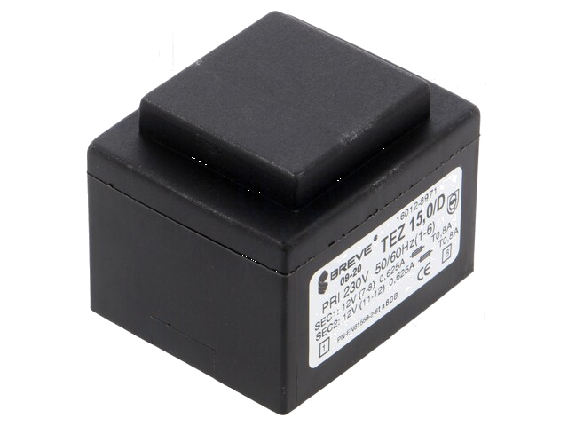 Transformator: ingegoten; 15VA; 230VAC; 12V; 12V; 625mA; 625mA; PCB Transformator: ingegoten; 15VA; 230VAC; 12V; 12V; 625mA; 625mA; PCB